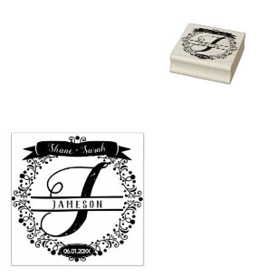 Custom Newlyweds Wreath Monogram Rubber Stamp