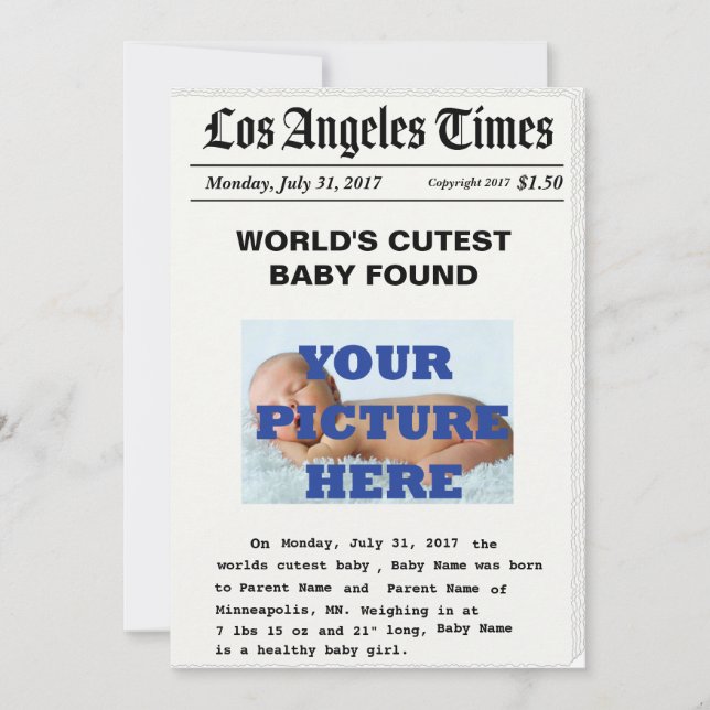 Custom News Paper Birth Announcement (Front)