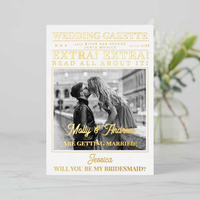 Custom Newspaper Photo Unique Bridesmaid Proposal  Foil Invitation (Standing Front)