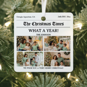 Custom Newspaper Style Family Christmas Photo Metal Ornament