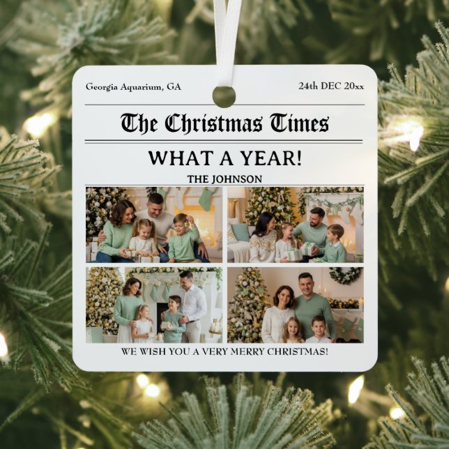 Custom Newspaper Style Family Christmas Photo Metal Ornament (Insitu)