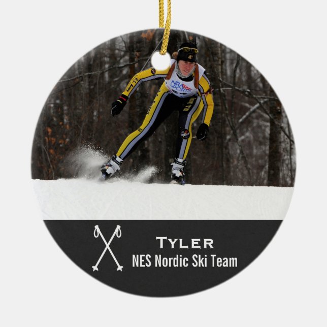 Custom Nordic Cross Country Skiing Photo Collage Ceramic Ornament (Front)