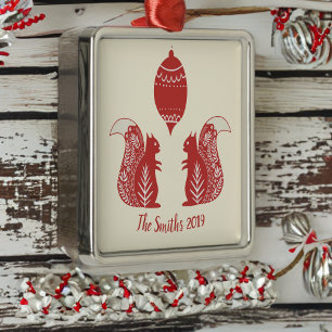 Custom Nordic Squirrels Square Christmas Ornament