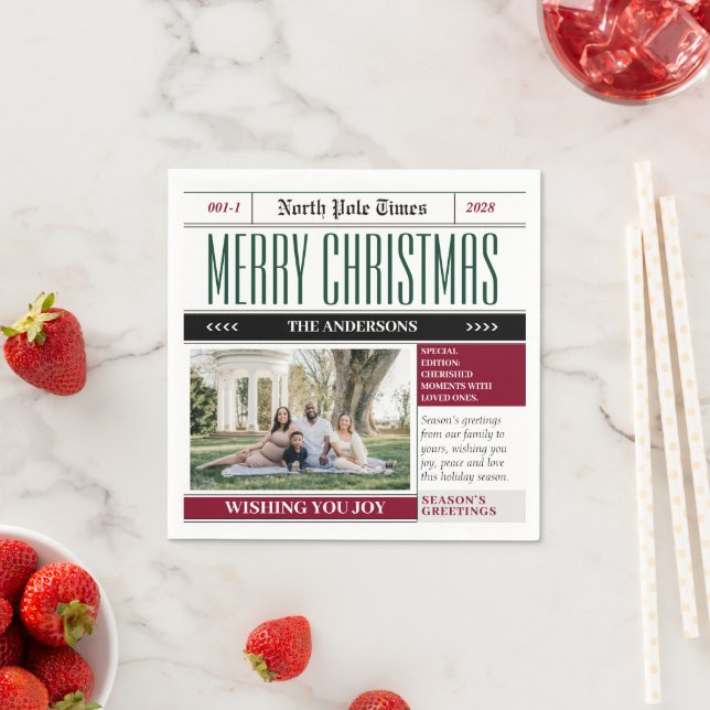 Custom North Pole Newspaper Christmas Photo Napkins (Insitu)