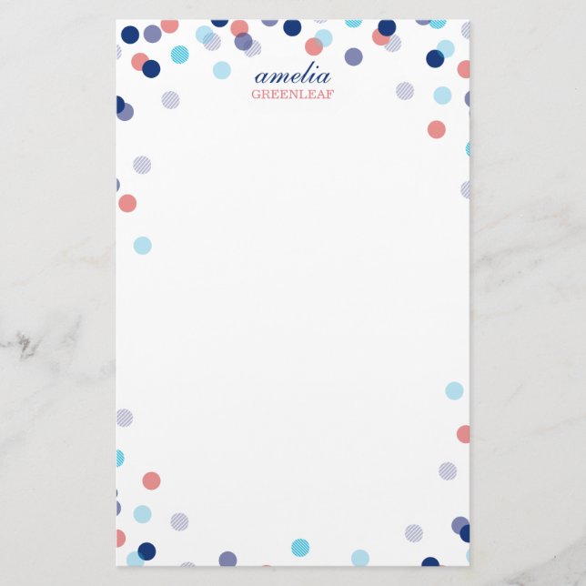CUSTOM NOTE cute bright confetti navy blue coral Stationery (Front)