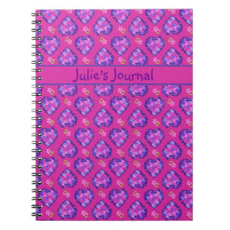 Custom Notebook, Magenta Hearts and Flowers Notebook