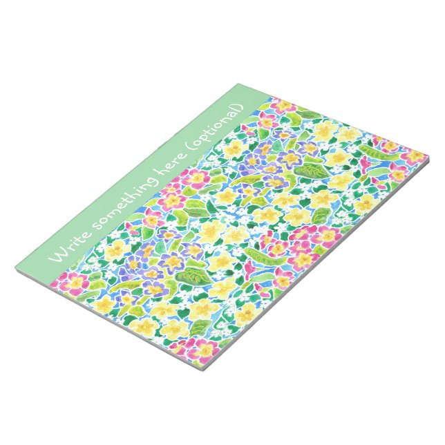 Custom Notepad or Jotter, Primroses, Mint Green (Angled)