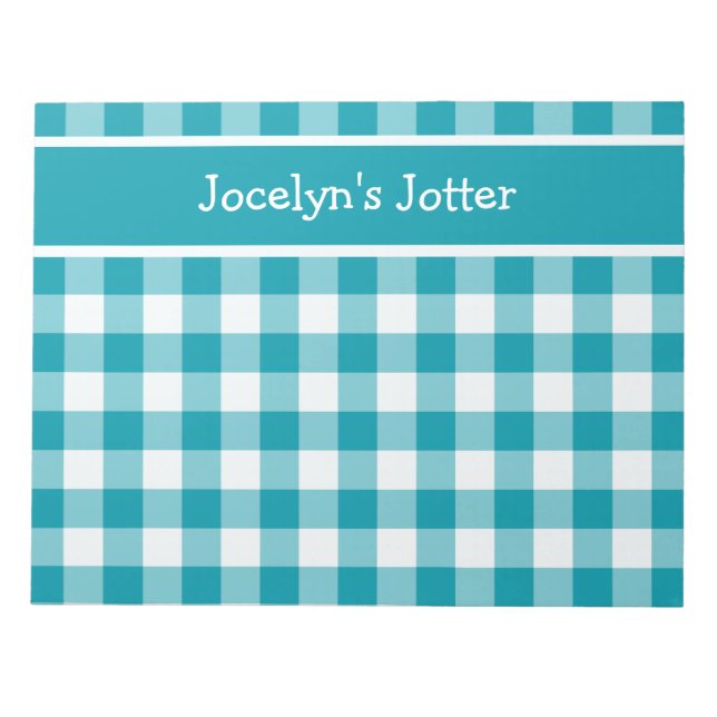 Custom Notepad or Jotter, Teal Check Gingham (Front)
