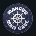 Custom novelty design nautical man cave dartboard<br><div class="desc">Custom novelty design nautical man cave dartboard. Funny maritime theme dart board design with personalized name and old ship wheel logo. Cool wall decor game for real men's man cave, cabin, fish restaurant, bar, pub, dorm room, bedroom, kitchen, diner, cafe, office, shop, store, boat, ship, deck, graden, wedding party, business,...</div>