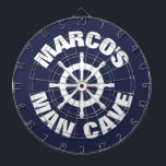 Custom novelty design nautical man cave dartboard<br><div class="desc">Custom novelty design nautical man cave dartboard. Funny maritime theme dart board design with personalized name and old ship wheel logo. Cool wall decor game for real men's man cave, cabin, fish restaurant, bar, pub, dorm room, bedroom, kitchen, diner, cafe, office, shop, store, boat, ship, deck, graden, wedding party, business,...</div>
