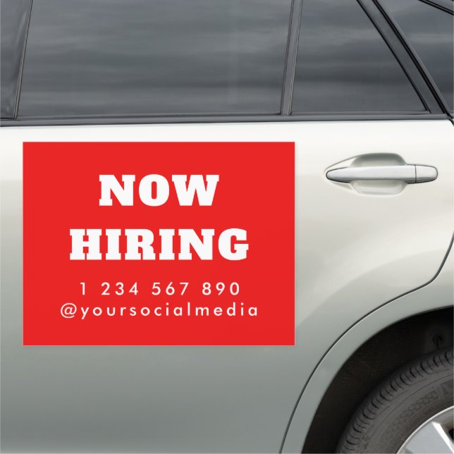 Custom Now Hiring Company Red Magnetic Sign (In Situ)
