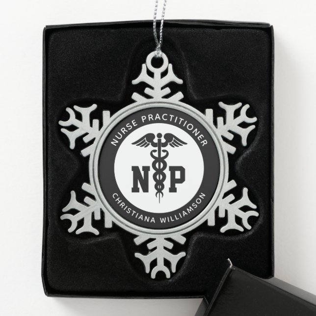 Custom NP Nurse Practitioner Graduation Caduceus Snowflake Pewter Christmas Ornament (Box)