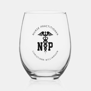 Custom NP Nurse Practitioner Graduation Caduceus Stemless Wine Glass