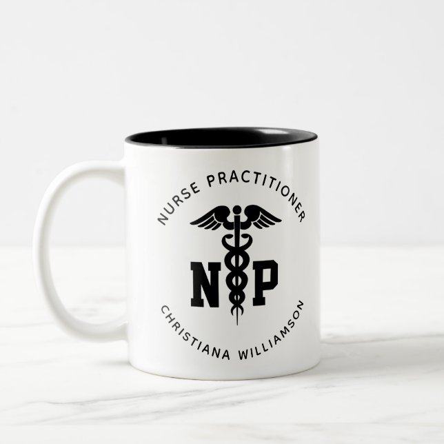 Custom NP Nurse Practitioner Graduation Caduceus Two-Tone Coffee Mug (Left)