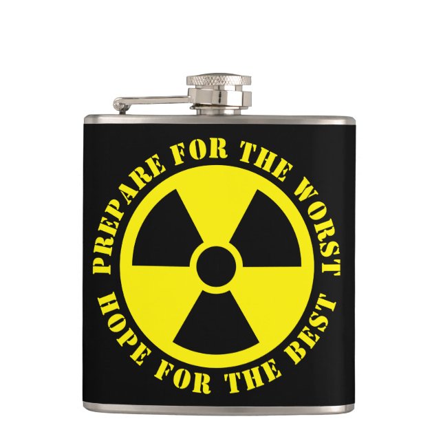 Custom nuclear symbol funny prepping quote drink flask (Front)