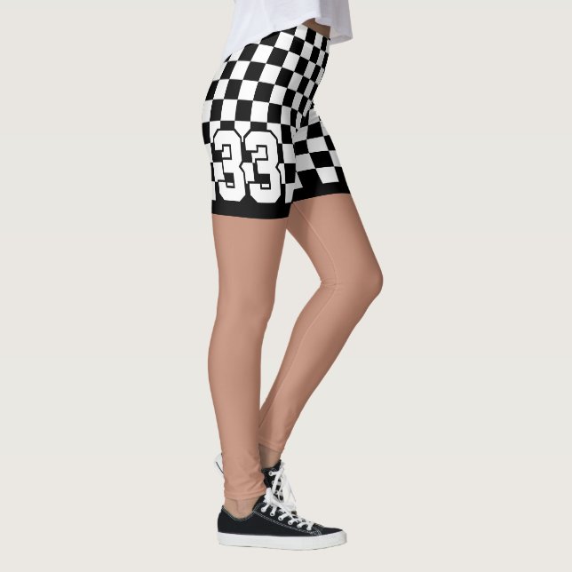 Custom Number Black White Checkered Flag Print Leggings (Right)