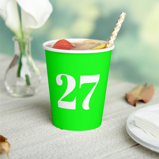 Custom number neon green white monogram birthday paper cups (Insitu)