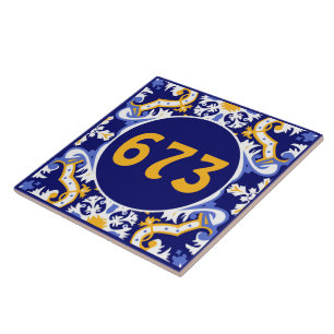 Custom number periwinkle, blue and yellow Azulejos Ceramic Tile