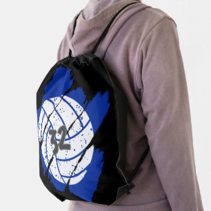 Custom Number Volleyball Blue and White Drawstring Bag
