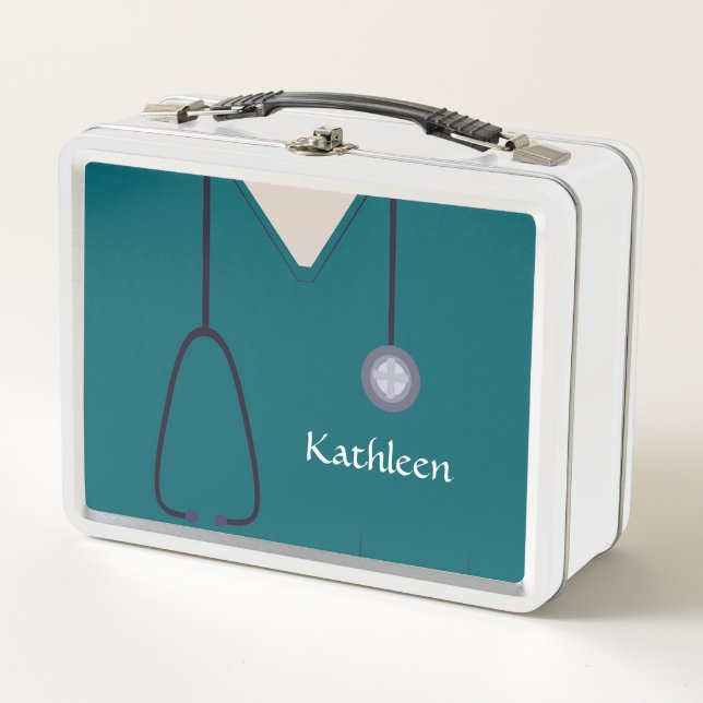 Custom Nurse Medical Scrubs Teal Metal Lunch Box (Front)