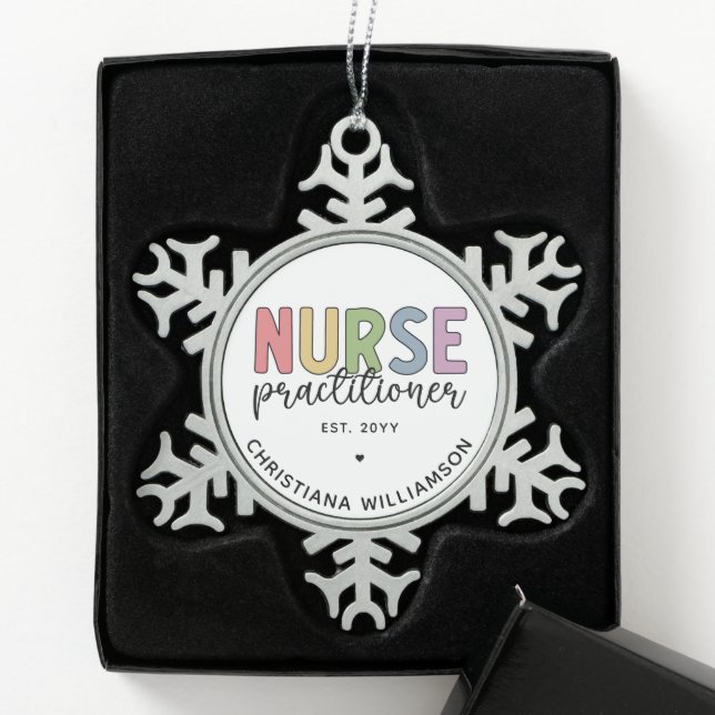 Custom Nurse Practitioner NP Nurse Graduation Snowflake Pewter Christmas Ornament (Box)