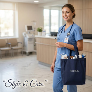 Custom NURSE Text Embroidered Navy Tote Bag