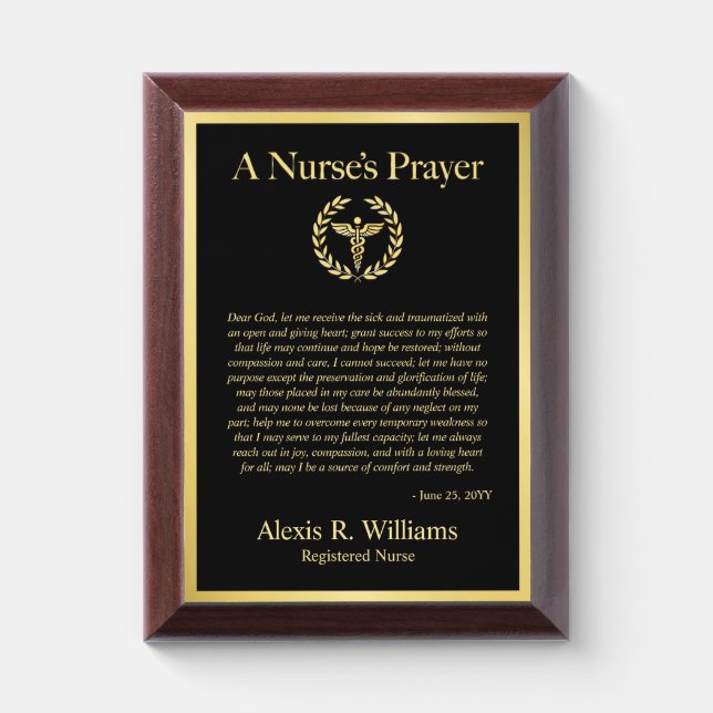 Custom Nurses Prayer Frame Nursing School Graduate Award Plaque (Vertical)