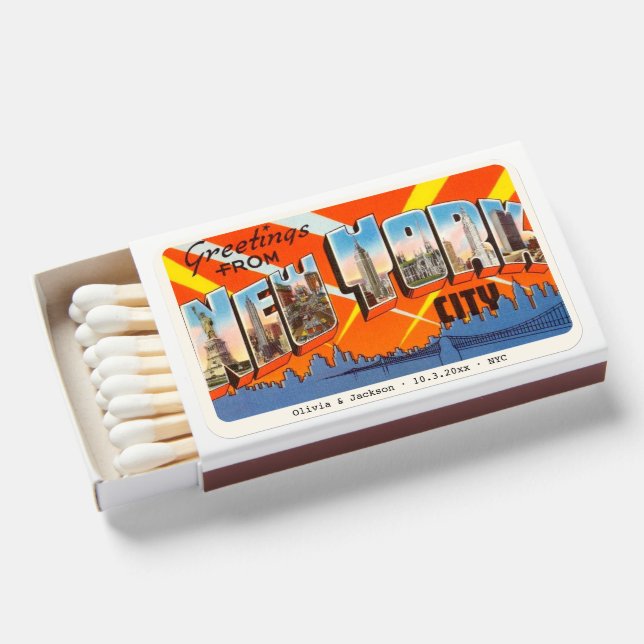 Custom NYC Wedding Favor Vintage Postcard Matchboxes (Front Open)