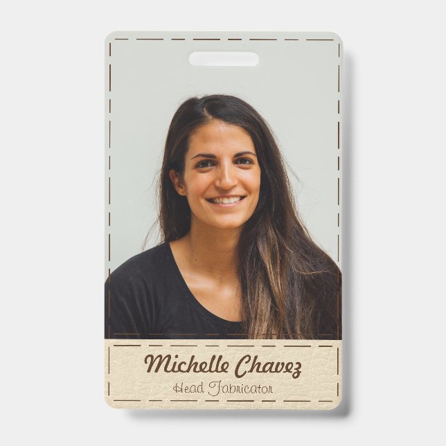 Custom Off-White Stiched Leather Employee Photo Badge (Front)