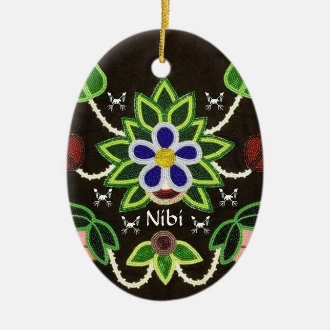 Custom Ojibwe Floral Bear and Arrows Ceramic Ornament (Front)