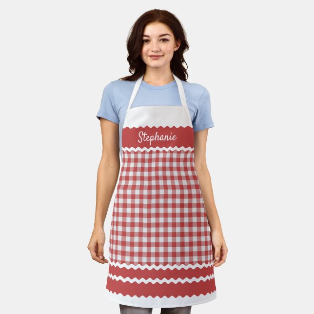 Custom Old Red White Cottage Gingham Plaid Apron (Worn)
