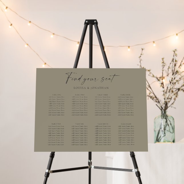 Custom Olive 8 Table Seating Chart Small Wedding Foam Board (In Situ (Stand))
