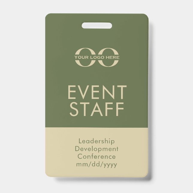 Custom Olive Green and Beige Event Staff ID Badge (Front)