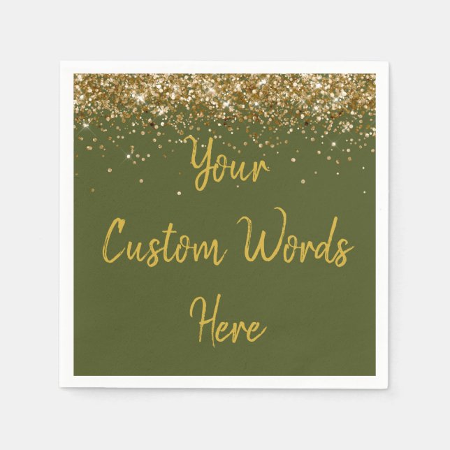 Custom Olive Green and Gold Glitter Birthday Party Napkins (Front)