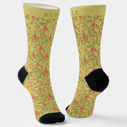 Custom Olive Green Floral Pink Rose Flowers Socks