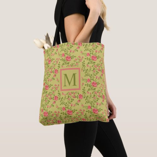 Custom Olive Green Floral Pink Rose Flowers Tote Bag