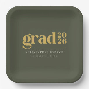 Custom Olive Green Gold Grad 2026 Graduation Paper Plates