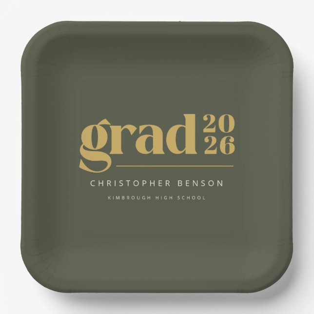 Custom Olive Green Gold Grad 2026 Graduation Paper Plates (Front)