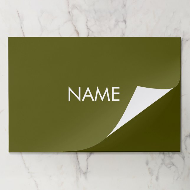 Custom olive green name text solid paper placemats (Folded)