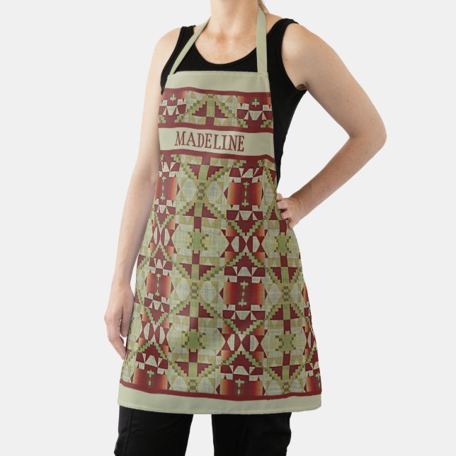 Custom Olive Green Red Orange Tribal Pattern Apron (Insitu)