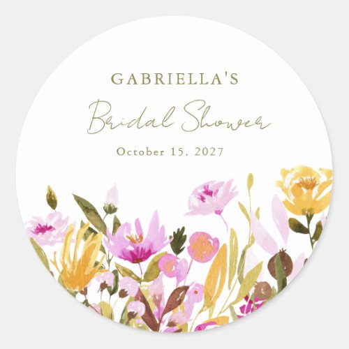 Custom Olive Pink Watercolor Floral Bridal Shower  Classic Round Sticker