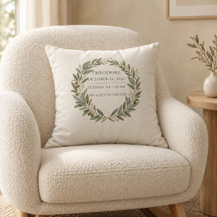 Custom Olive Wreath Birth Stats Heirloom Baby Pill Throw Pillow