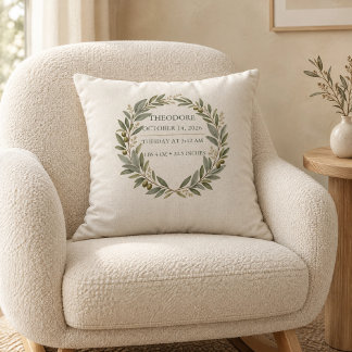 Custom Olive Wreath Birth Stats Heirloom Baby Pill Throw Pillow