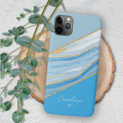 Custom Ombre Bright Azure Blue Marble Art Pattern iPhone 11Pro Max Case