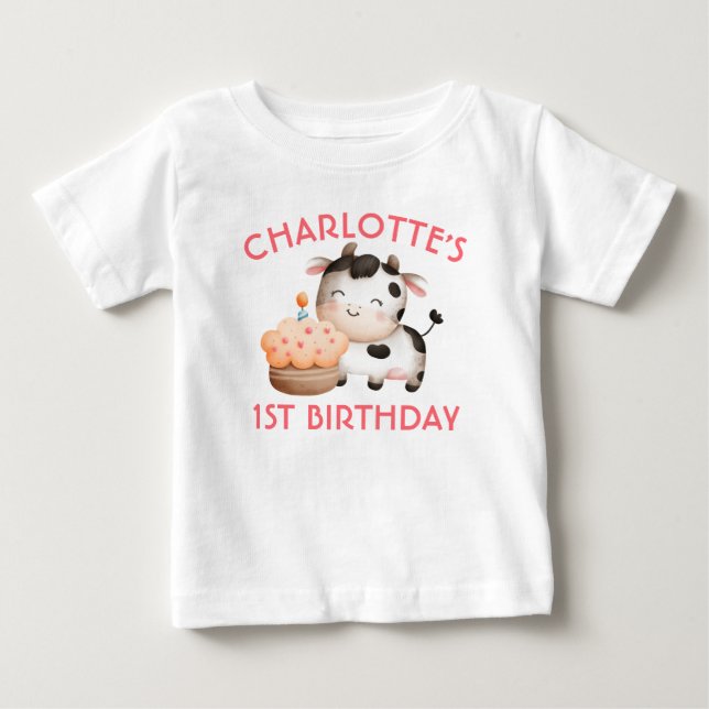 Custom One Cow Moos First Birthday Baby T-Shirt (Front)