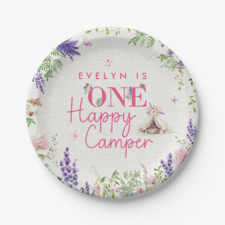 Custom One Happy Camper Baby Girls First Birthday Paper Plates