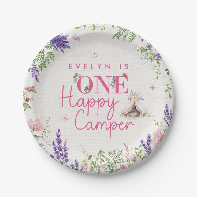 Custom One Happy Camper Baby Girls First Birthday Paper Plates (Front)