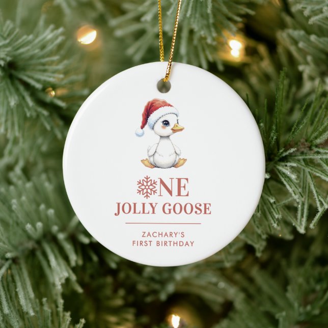 Custom One Jolly Goose December First Birthday Ceramic Ornament (Tree)