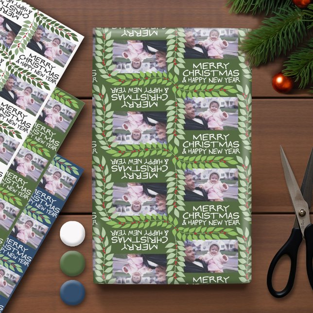 Custom One Photo Merry Christmas Leaves Berries Wrapping Paper Sheets (Photo Wrapping Paper - Holiday and Christmas Theme)