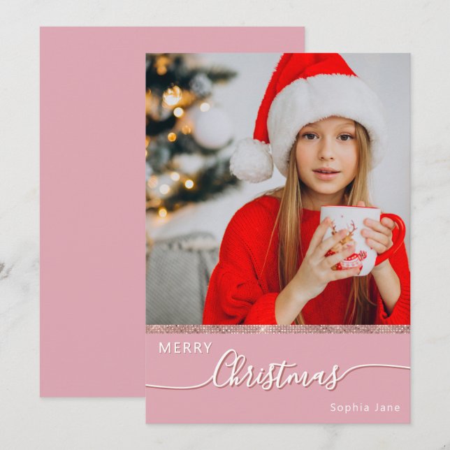  Custom One Photo Pink Merry Christmas Holiday Card (Front/Back)